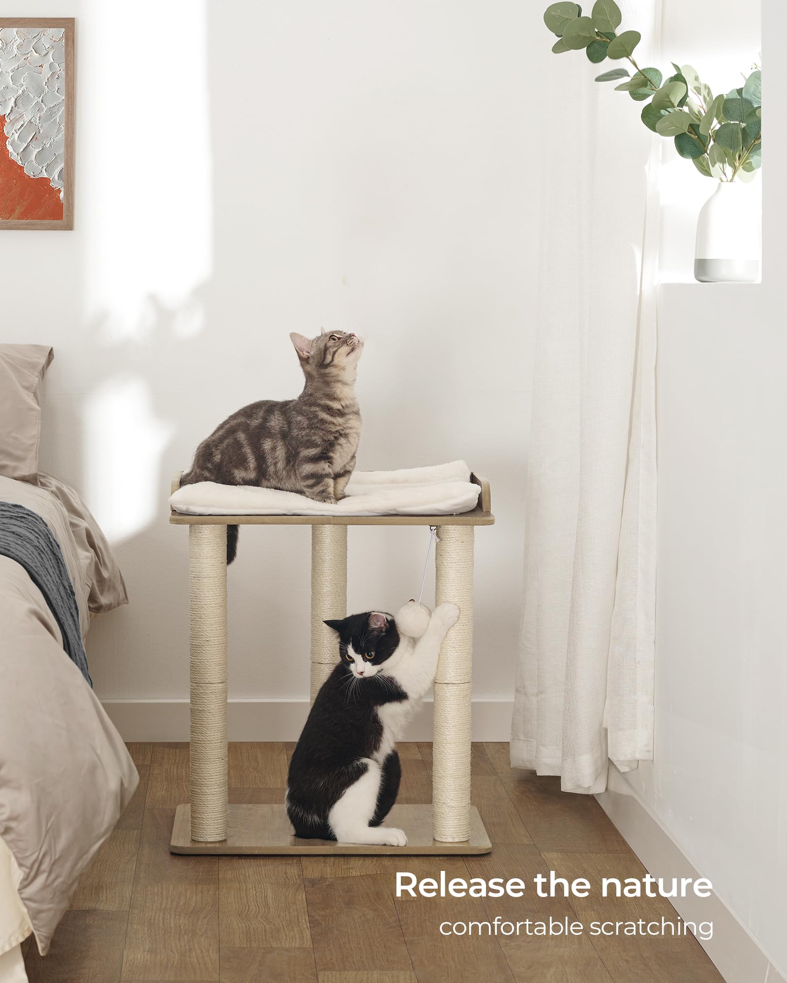 FourFurPets 22in Cat Tree Tower Condo, Cat Scratch Posts for Indoor Cats, Big Plate, Three 23.6in Full Sisal Scratching Posts, Greige