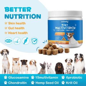 Dog Multivitamin Chewable with Glucosamine,15-in-1 Dog Multivitamin Supplements,Multivitamin for Dogs,Health Support - Dog Skin, Coat, Heart,for Dogs of All Ages and Breeds,120 Soft Chews Duck Flavor