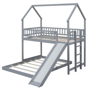 Merax Twin Over Full House Bunk Bed with Slide and Built-in Ladder