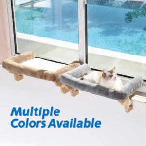 Zakkart Cat Perch for Window Sill with Bolster - Orthopedic Hammock Design with Premium Hardwood & Robust Metal Frame - Cat Window Seat for Large Cats and Kittens - Nartural Color Wood with Gray Bed