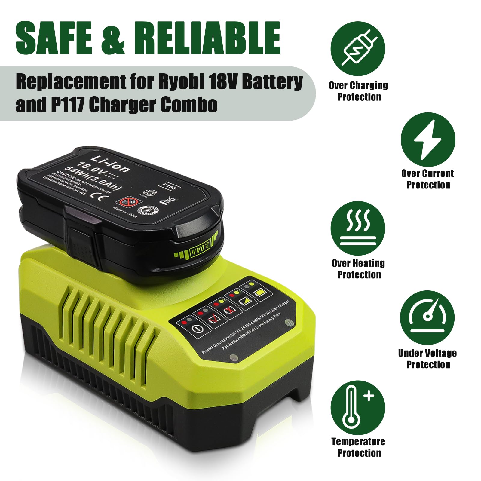 TOPBATT 2Pack P108 P102 3.0Ah Replacement for Ryobi 18V Battery and P117 Charger Combo Compatible with Ryobi 18 Volt Battery P103 P104 P105 P107 P109 P190 P191 P122 Cordless Tool