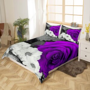 Rose Duvet Cover Queen Size, Purple Rose Floral Bedding Set, Romantic Flower Comforter Cover for Couple Lovers, Black Grey Blossom Quilt Cover, Garden Valentine Decor Bedspread Cover, 3Pcs