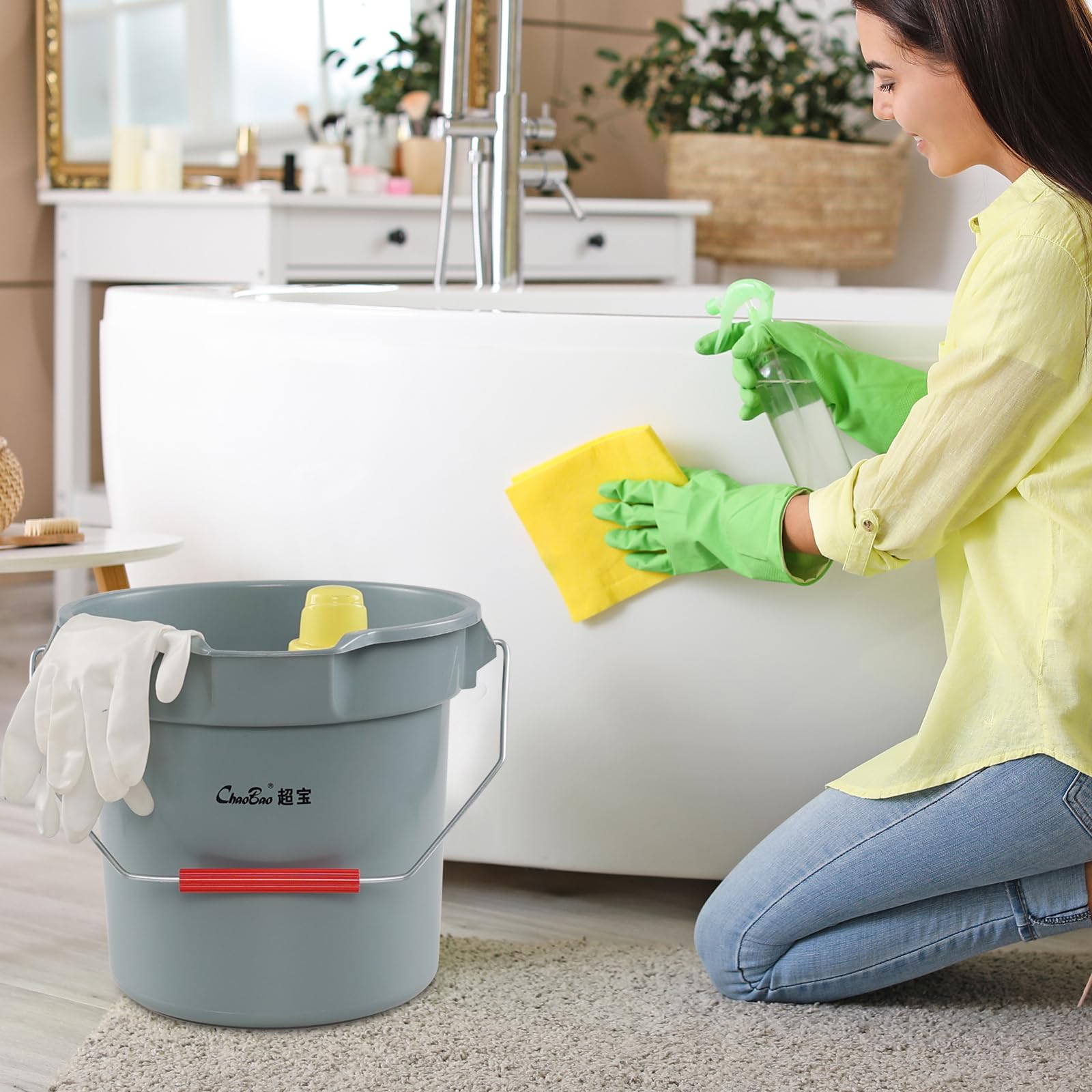 Jekiyo 4 Pack 14 Quart Commercial Cleaning Bucket with Handle, Gray, Plastic Round Utility Pail