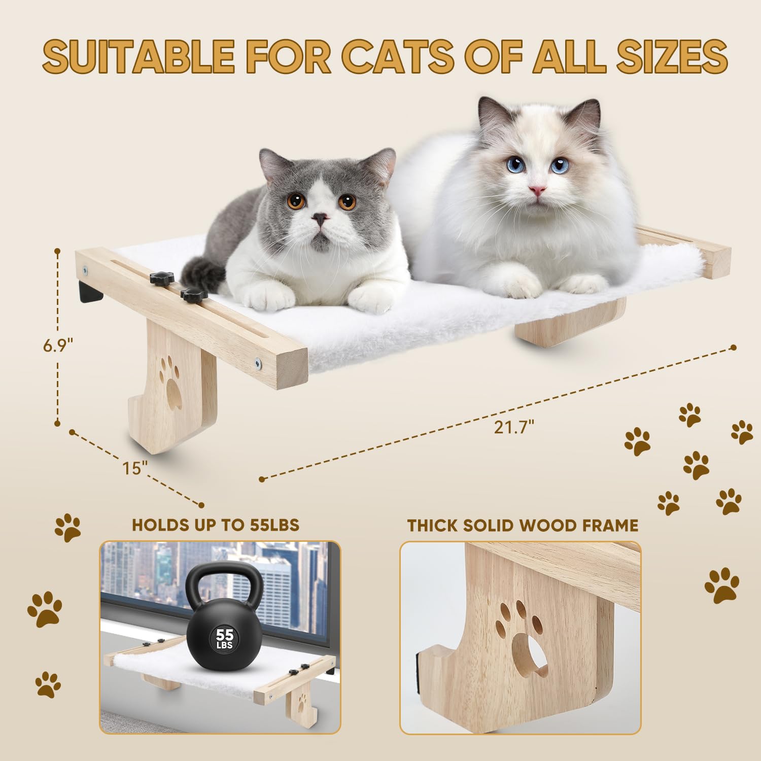 HEMWEE Cat Window Perch, Cat Window Hammock for Indoor Cats, Easy to Adjust & Assemble Large Cat Bed Seat for Windowsill, Bedside,Drawer and Cabinet