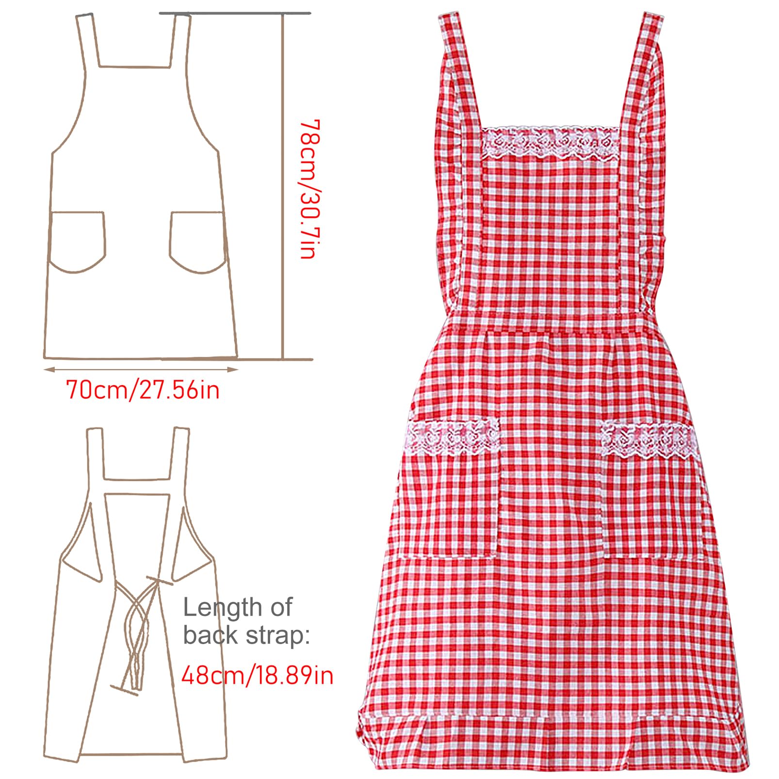 JJYHEHOT Women Classic Vintage Apron, Red and White Gingham Cotton Apron, Home Kitchen Chef Bib