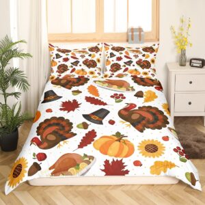 Thanksgiving Decor Bedding Duvet Cover Set Full Size Cute Turkey Bedding Set for Kids Decor Fall Pumpkin Comforter Cover Set Microfiber Pumpkin Maple Leaf Bedspread Cover Bedroom Bedclothes