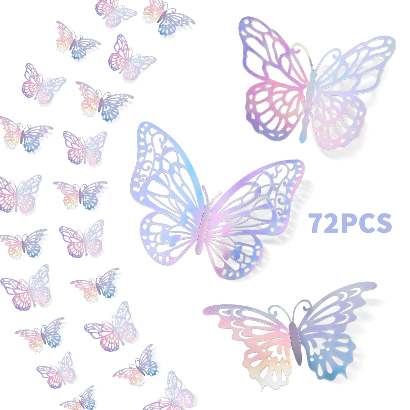 72PCS 3D Laser Silver Butterfly Wall Decor, 3 Styles 3 Sizes, Metallic Butterfly Wall Stickers Room Mural, Removable Butterfly Decorations for Room, Party, Birthday, Wedding, Cakes, DIY Gift