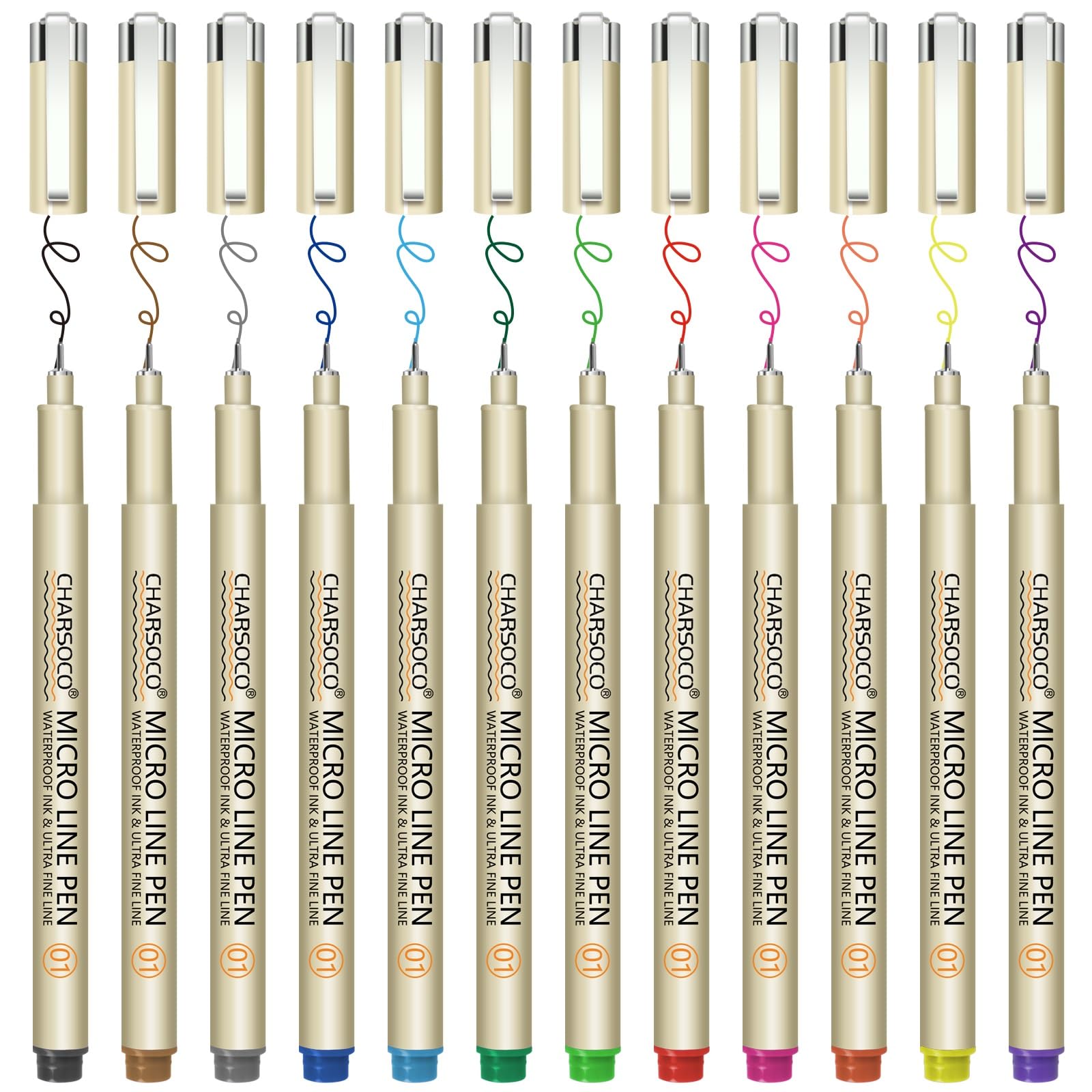 CHARSOCO 01 Micro Pen, Fine Point Pen with 12 Colors, Waterproof Archival Ink, 0.25mm Fineliner Ink Pens for Artist Illustration, Sketching, Anime, Manga, Technical Drawing and Scrapbooking