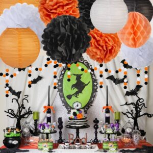 Black White Orange Halloween Party-Decorations, Tissue Pom Poms, Lanterns, Honeycomb Ball, Circle Dots Garlands, Graduation 2024 Birthday Wedding Baby Bridal Shower Decor Bunting Lasting Surprise