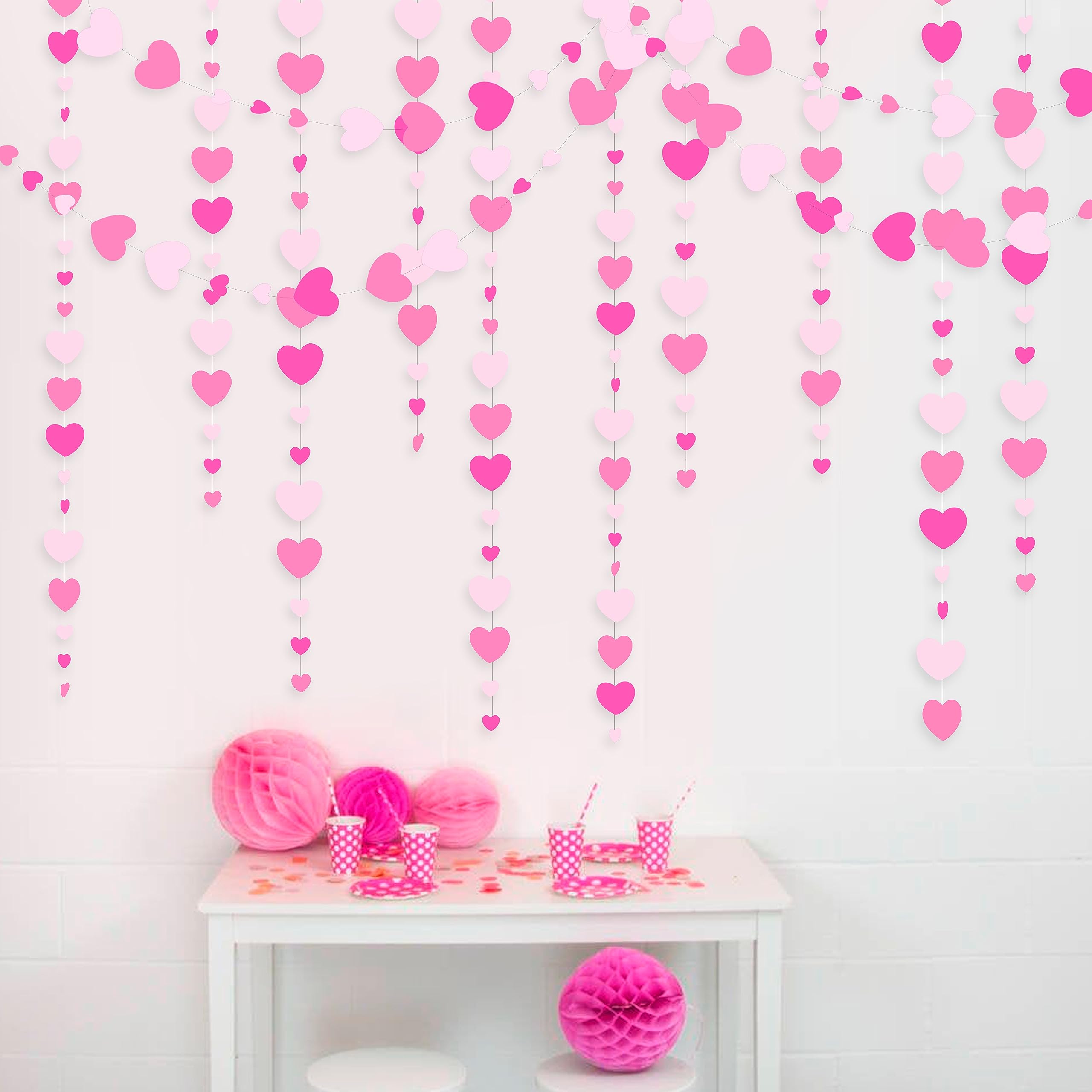 Valentines Day Party Decorations Hot Pink White Hanging Paper Heart Garland Streamer for Birthday Bachelorette Engagement Wedding Bridal Shower Anniversary Minnie Flamingo Pink Girl Party Supplies