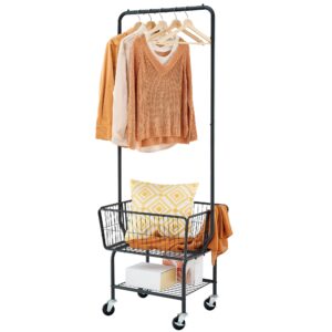 tajsoon laundry cart with hanging rack, metal laundry basket with wheels, laundry hamper with storage basket and shelf, rolling laundry cart with wheels, black