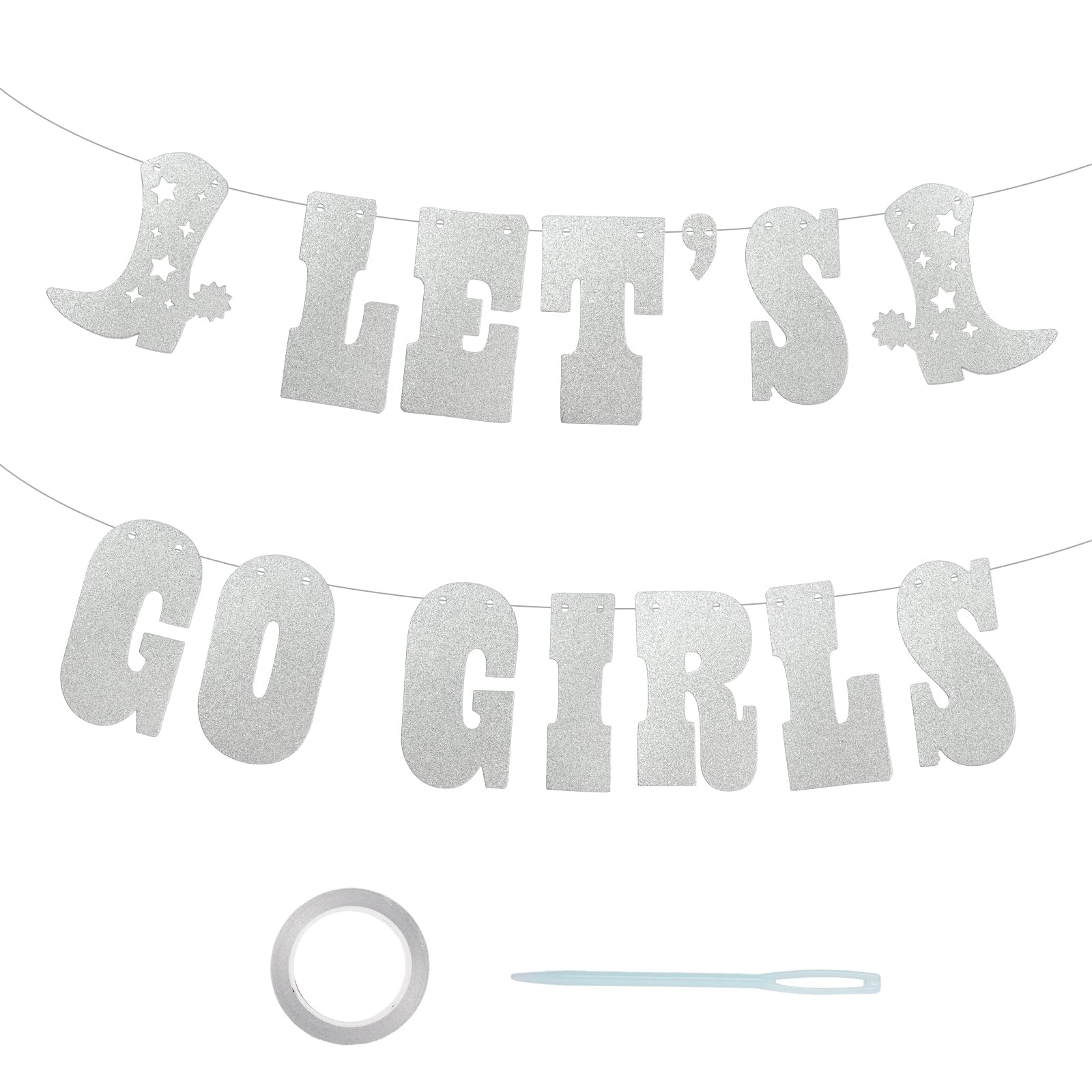 Let's Go Girls Glitter Banner, Lets Go Girls Party Decorations Last Rodeo Banner for Western Cowgirl Birthday Party Bridal Shower Bachelorette Party Decorations (Silver, 5ft)