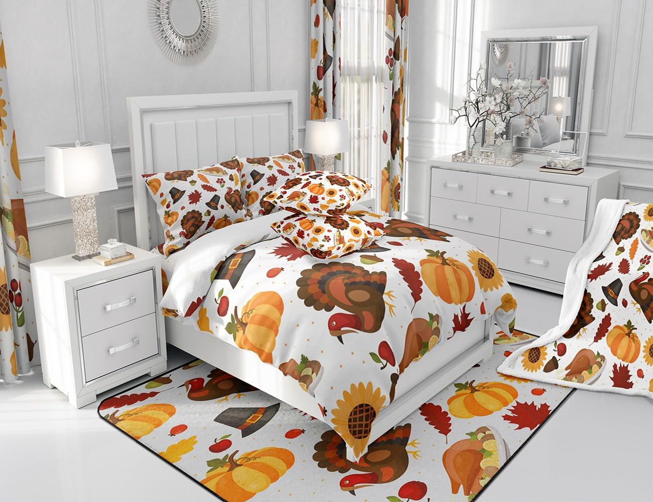 Thanksgiving Decor Bedding Duvet Cover Set Full Size Cute Turkey Bedding Set for Kids Decor Fall Pumpkin Comforter Cover Set Microfiber Pumpkin Maple Leaf Bedspread Cover Bedroom Bedclothes