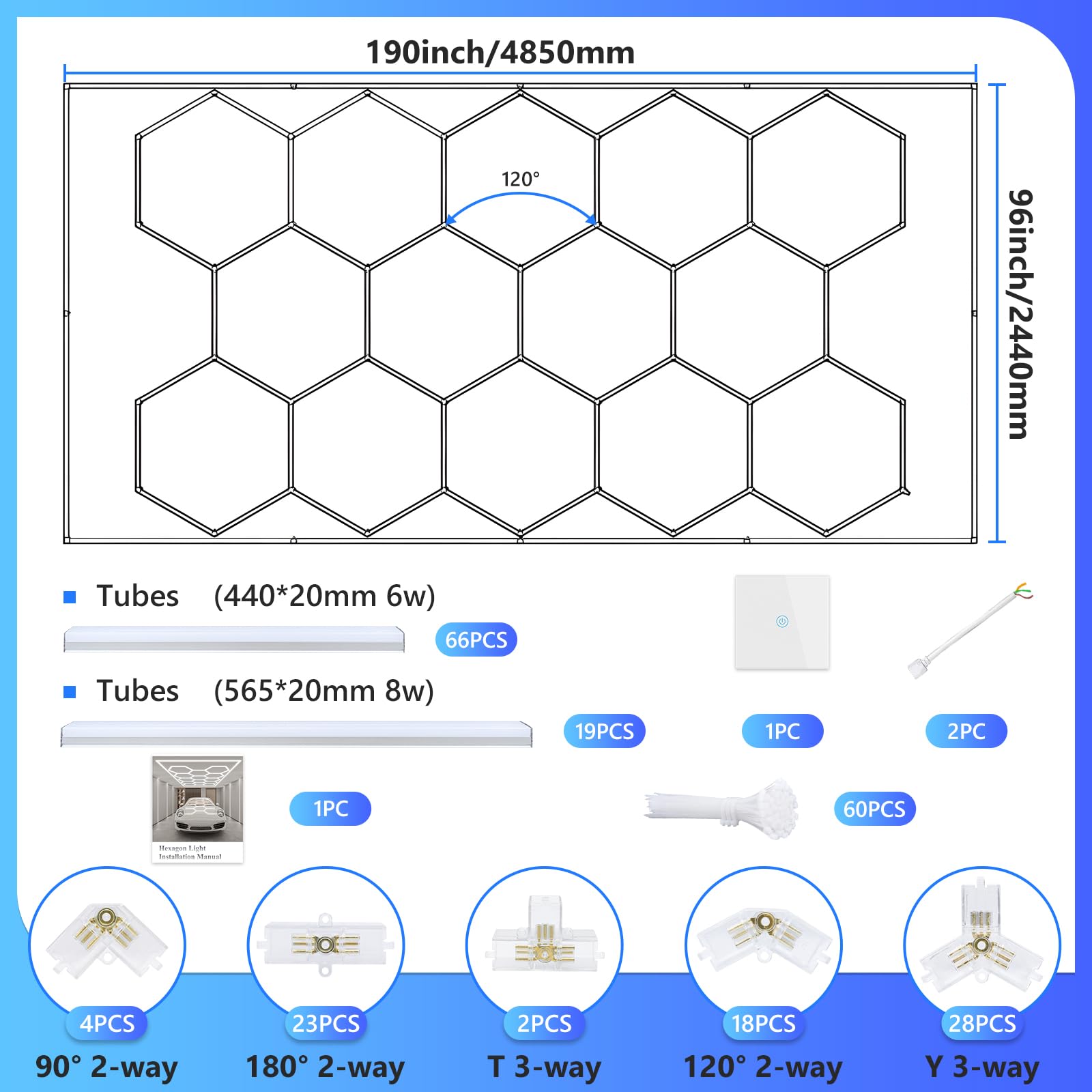 ALLYES Hexagon Ceiling LED Light - Hexagon Garage Light 552W 66240LM High Brightness, 3000K/4500K/6500K Adjustable with WiFi Smart Switch, Aluminum Hex Grids Lights for Car Dealer, Shop, Gym