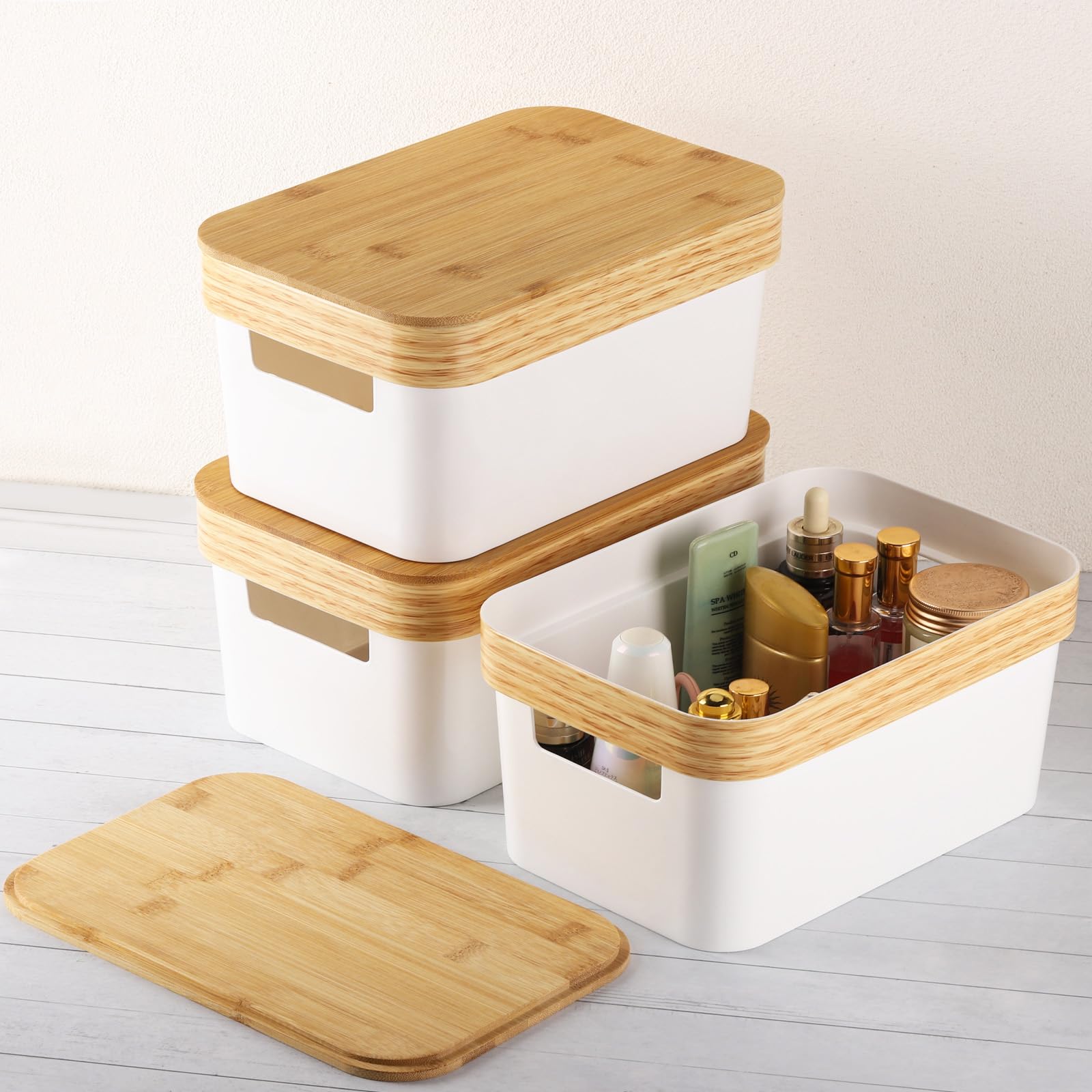 acDesign 3Pcs Plastic Storage Bins with Bamboo Lids Stackable Storage Containers Bins for Organization With Sticker and Marker Pen