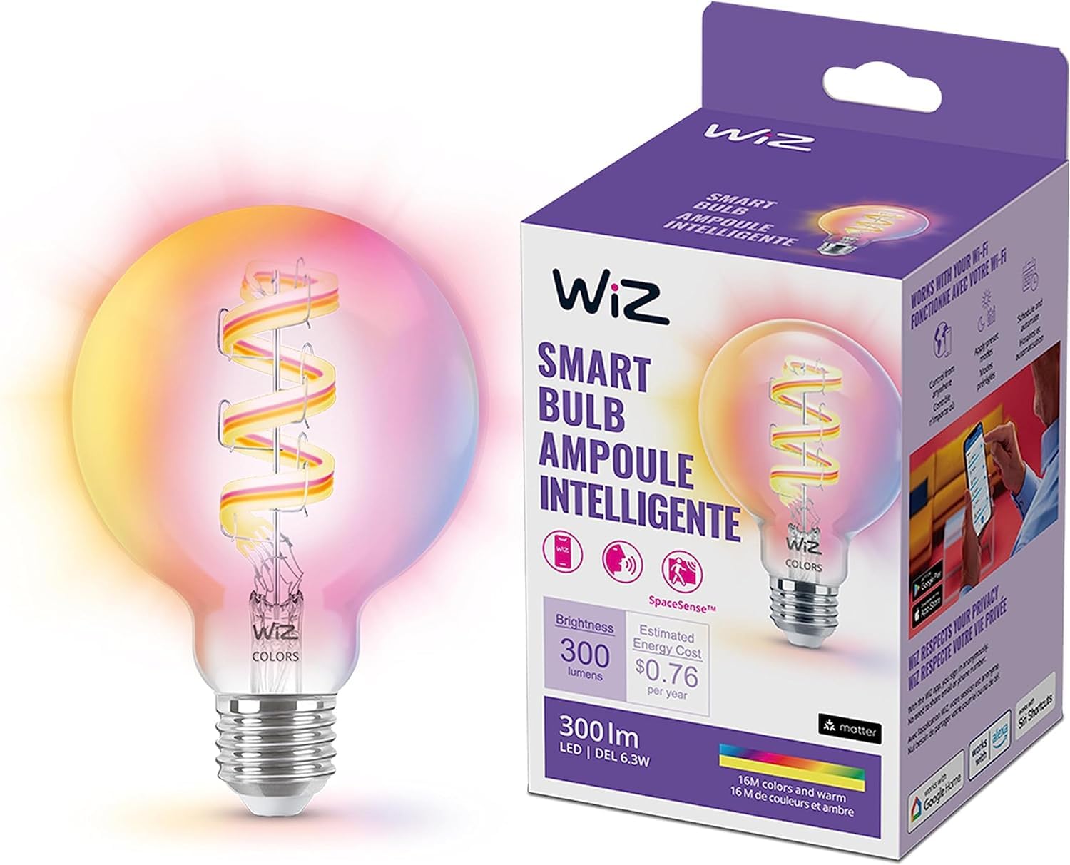 WiZ Color G25 Color Filament LED Smart Bulb - Pack of 1-300 Lumen - E26 Indoor - Connects to Your Existing Wi-Fi - Control with Voice or App + Activate with Motion - Matter Compatible