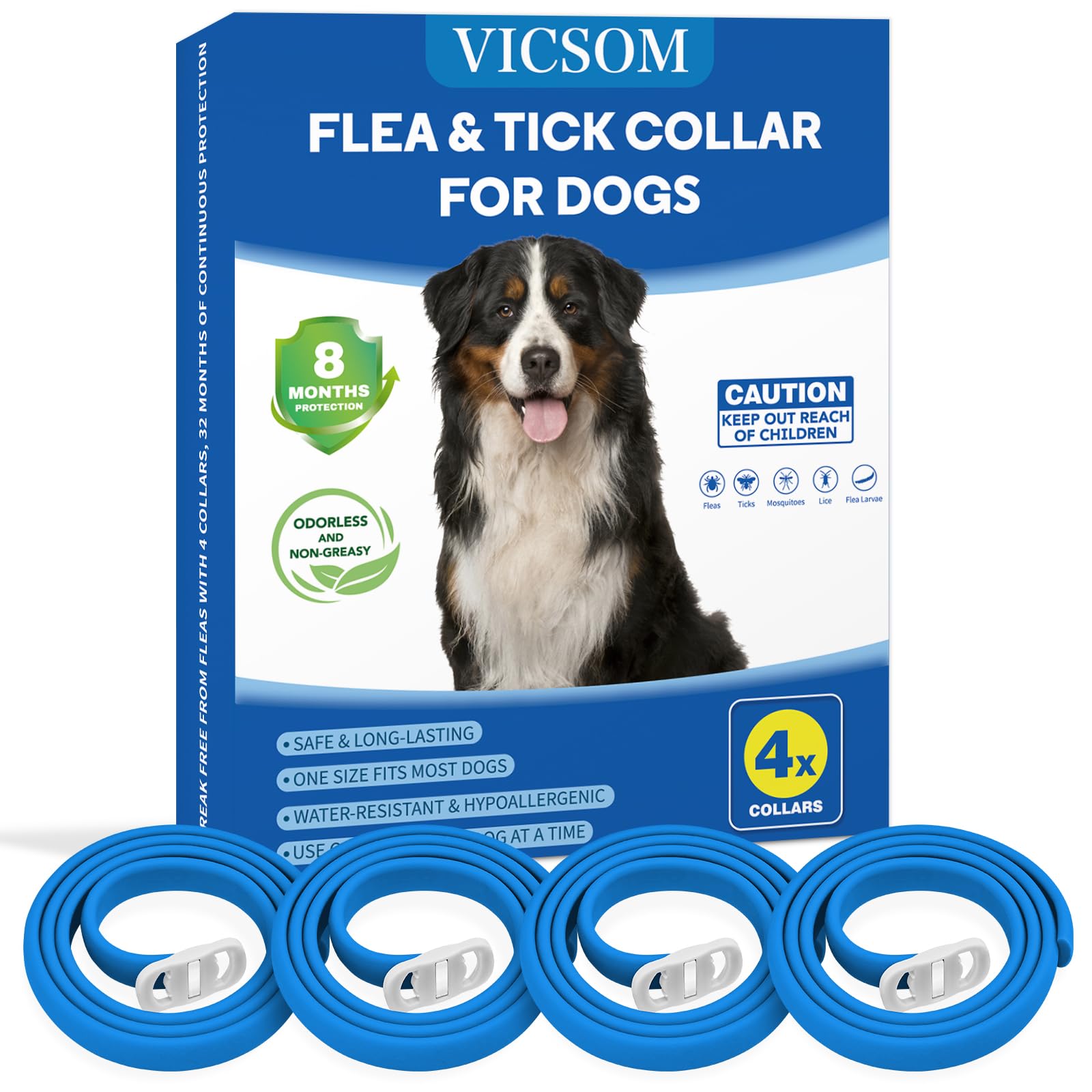 4 Pack Flea Collar for Dogs, Dog Flea and Tick Collar 8 Months Flea and Tick Prevention for Dog, Waterproof Adjustable Puppy Collar Natural Tick and Flea Collars for Small Medium Large Dogs,Blue