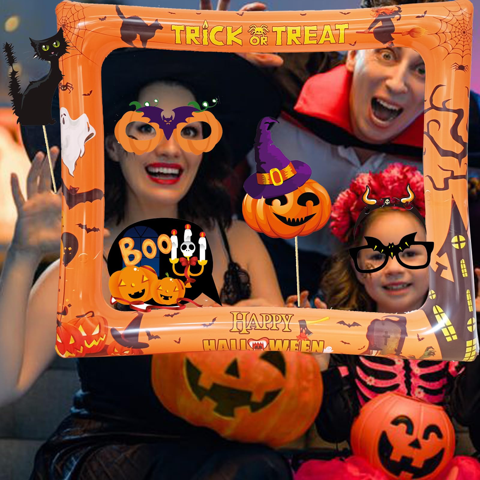 Halloween Party Photo Booth Props Frame, LMSHOWOWO Giant Halloween Inflatable Selfie Photo Frame, with 30 PCS Funny Halloween Photo Booth Props for Men Women Halloween Party Decoration Supplies