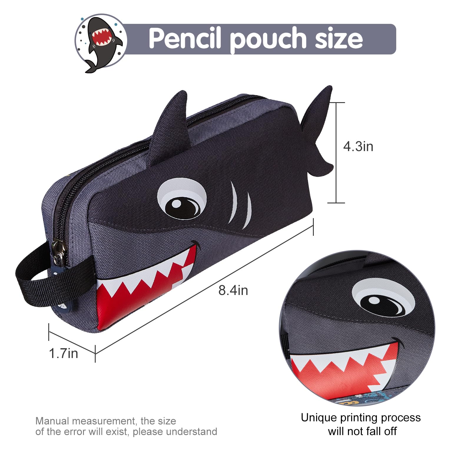 NOHOO Pencil case, funny Animal Print Pencil bag for kids, Lightweight Portable pencil pouch with Zipper for Girls Boy Students Teens Adults School office Travel Holder Box - Grey Shark