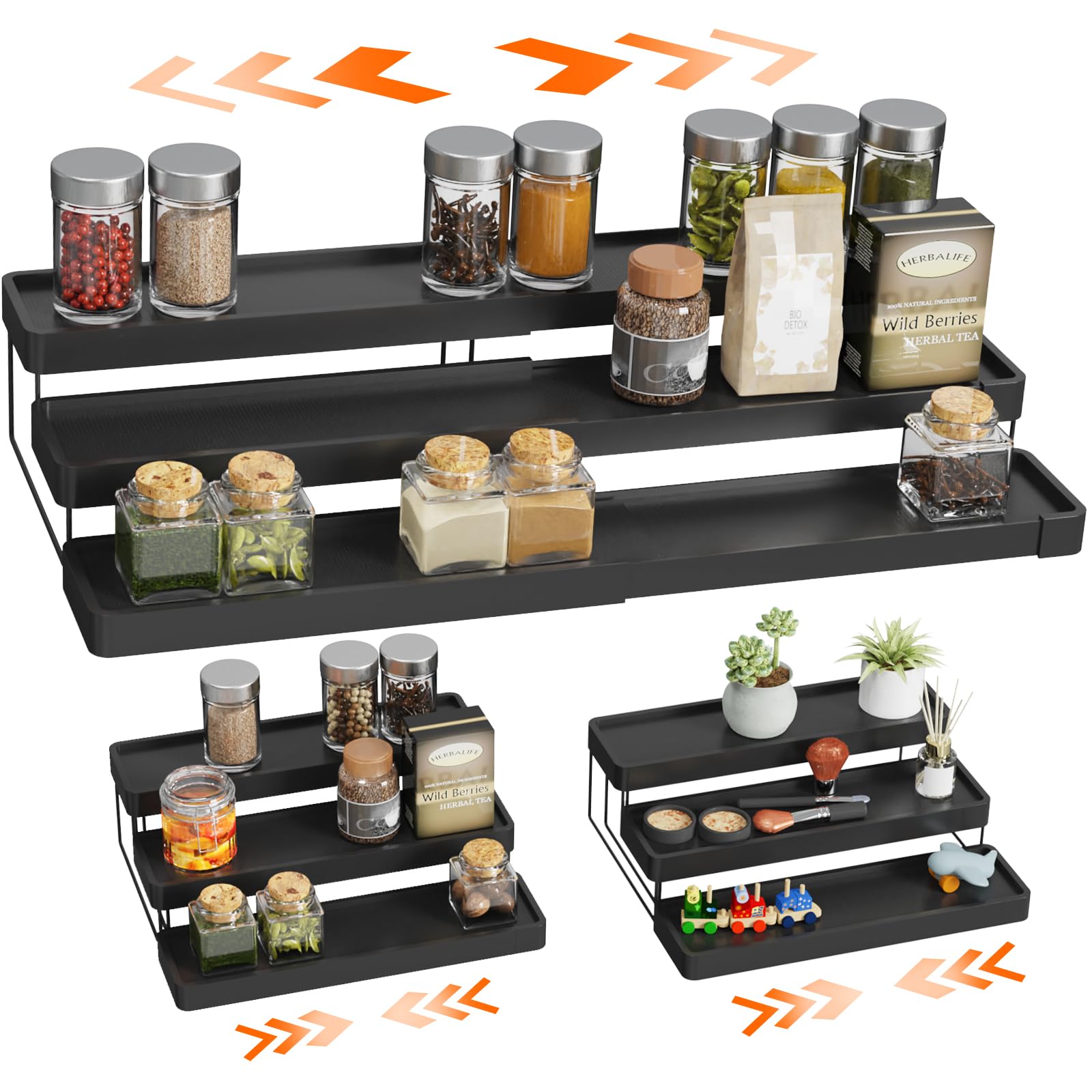 INVOCOO Expandable Spice Rack Organizer for Cabinet - 3 Tier Adjustable Cabinet Spice Organizer Easy Visibility - Spice Organizer for Cabinet Countertop Cupboard Pantry Organization (Black)