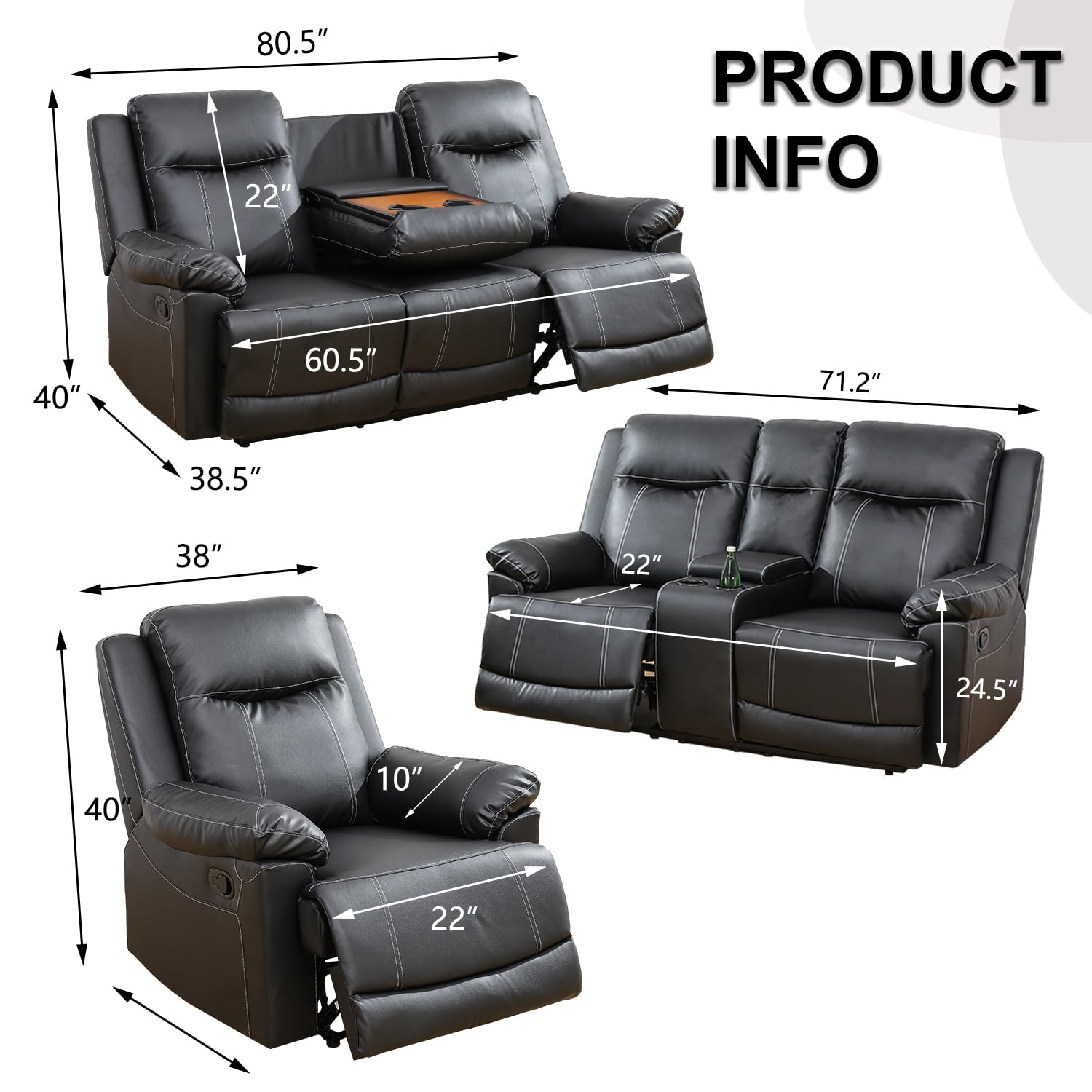 Ocstta Leather Recliner Sofa, Leather Living Room Furniture Set with Storage Console & Cup Holder for Living Room/Office (Recliner Couch for Loveseat) Black