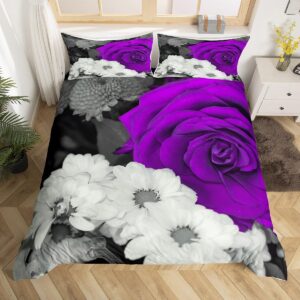 rose duvet cover queen size, purple rose floral bedding set, romantic flower comforter cover for couple lovers, black grey blossom quilt cover, garden valentine decor bedspread cover, 3pcs