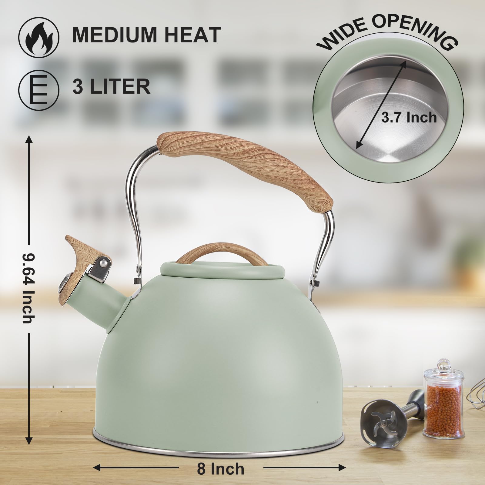 Tea Kettle, Vegoran 100 OZ / 3 Liter Whistling Tea Kettle, Tea Pots for Stove Top Food Grade Stainless Steel with Wood Pattern Folding Handle, Loud Whistle Kettle for Tea, Coffee, Milk (Green)