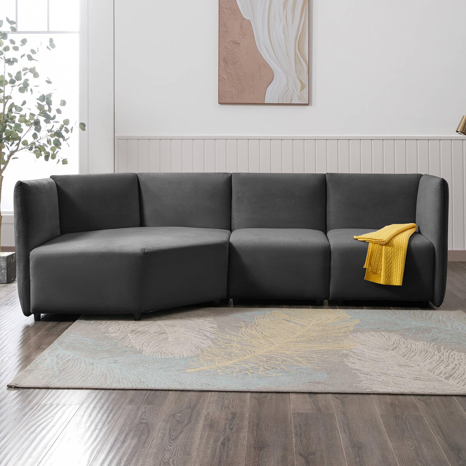 CECER Curved Sectional Sofa Couch Modern Modular Sofa with Adjustable Armrest and Backrest Upholstered Velvet 4 Seater Couches Modern Sofas Chair for Living Room Apartment Office - Dark Grey