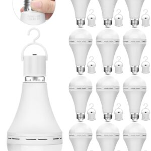 Mudder 12 Pcs 15W Rechargeable Emergency LED Bulb Battery Backup Emergency Light 1200mAh Battery Operated Light Bulb for Power Outage Home Outdoor Activity Camping Hurricane, 7000K Daylight, E27 Base