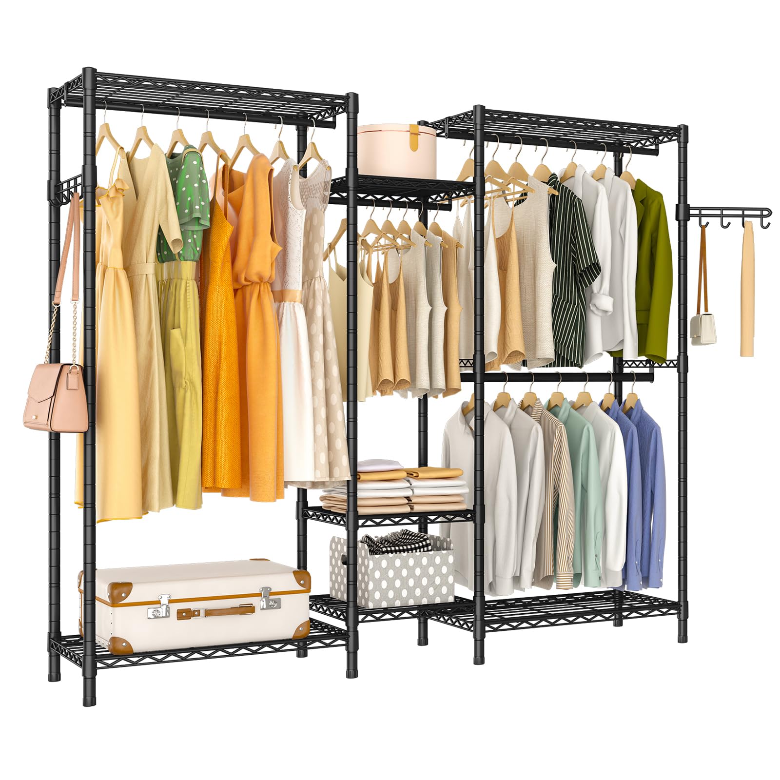 Exglobol Heavy Duty Garment Rack, Portable Wardrobe Clothes Rack Freestanding Adjustable Clothing Rack with 7 Tiers Adjustable Wire Shelving and 4 Hanger Rods, Black