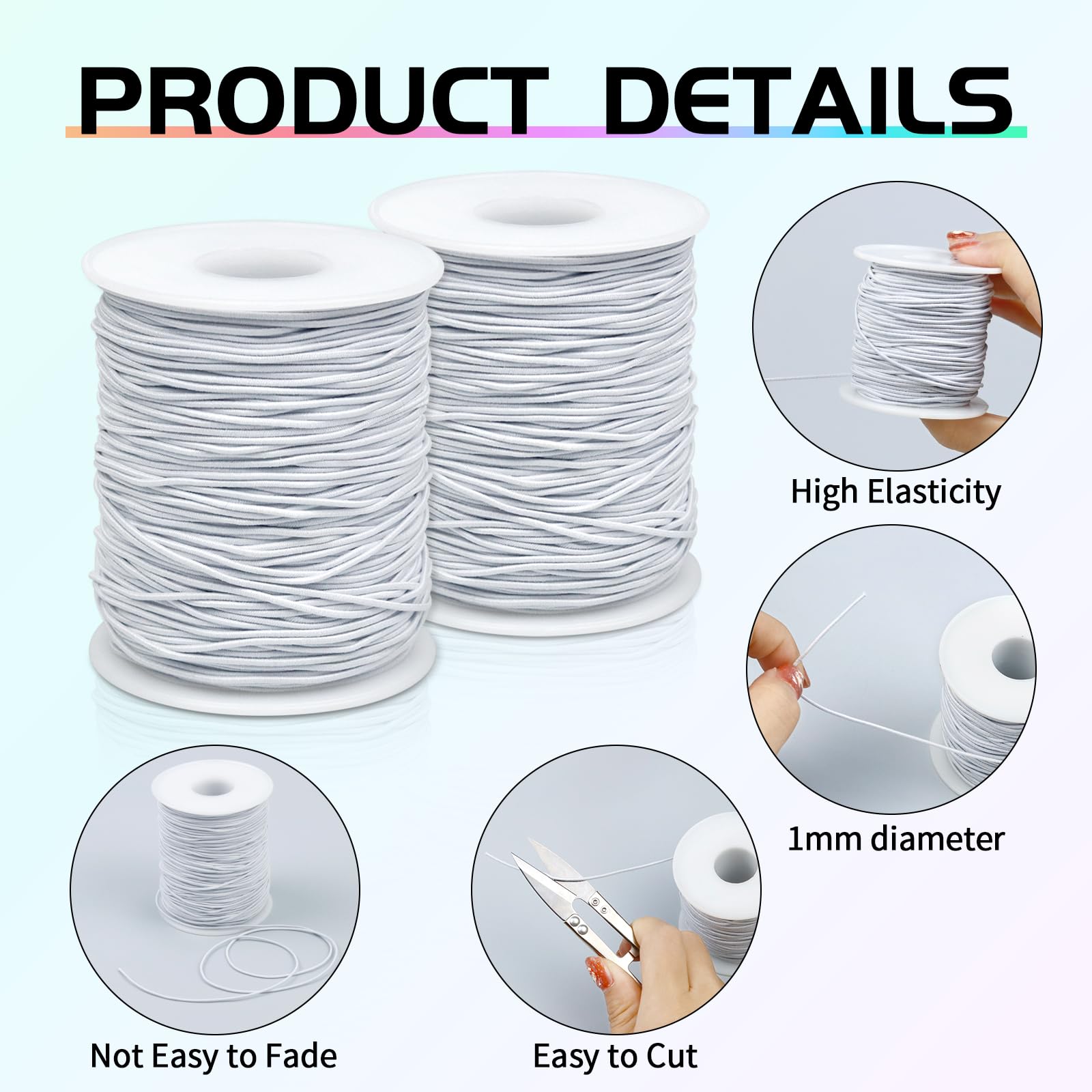 2 Rolls FIVEIZERO White Elastic Bracelet String Total 330 Feet,1mm,1.2mm,1.5mm Elastic Cord for Beading Stretchy String with Beading Needle for Bracelets, Sewing, Necklace, Jewelry Making and Crafts