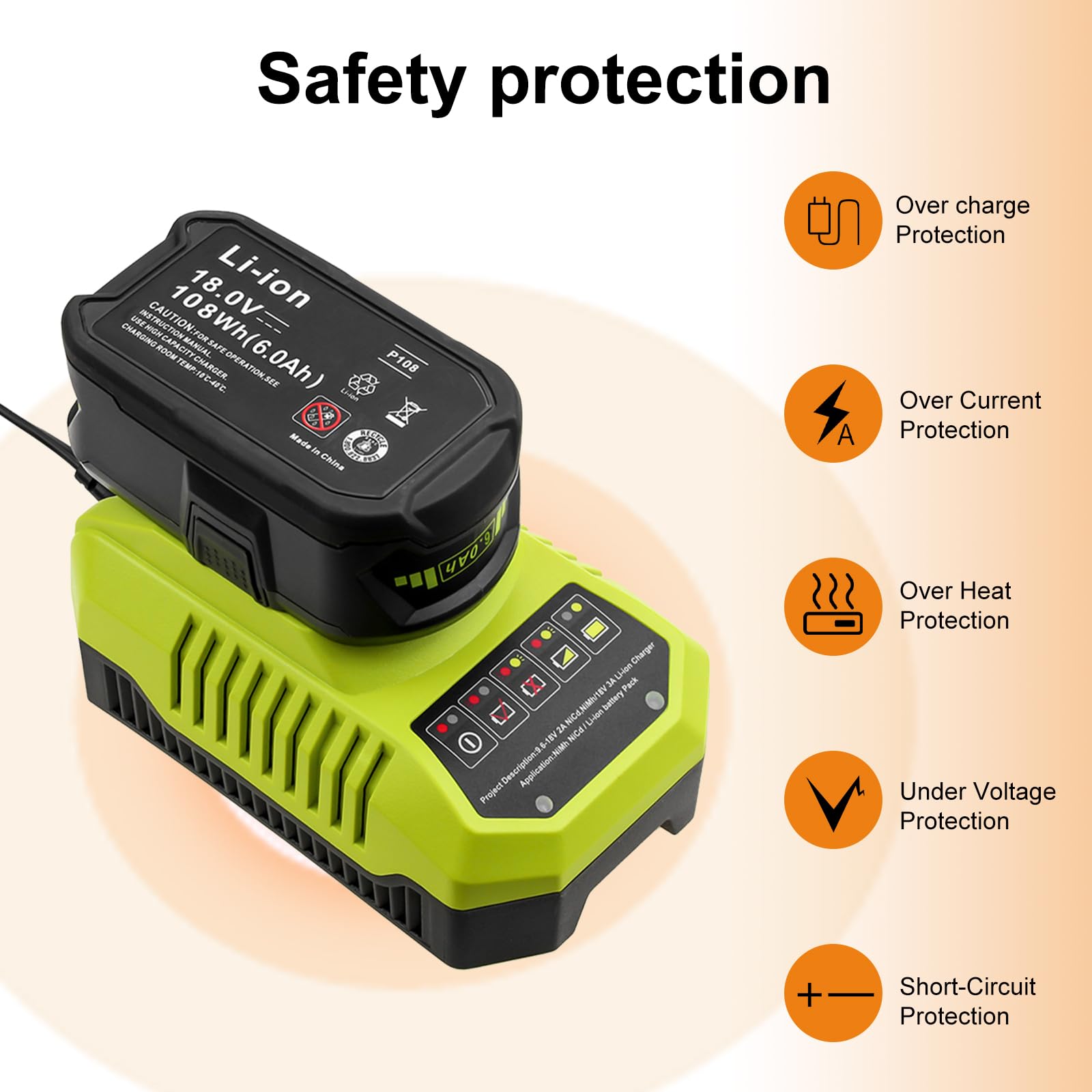 Upgraded 6000mAh P102 & P117 Charger Replacement for Ryobi 18V Battery and Charger Combo Compatible with Ryobi 18V Battery P102 P103 P104 P105 P107 P108 P109 P190(Green)