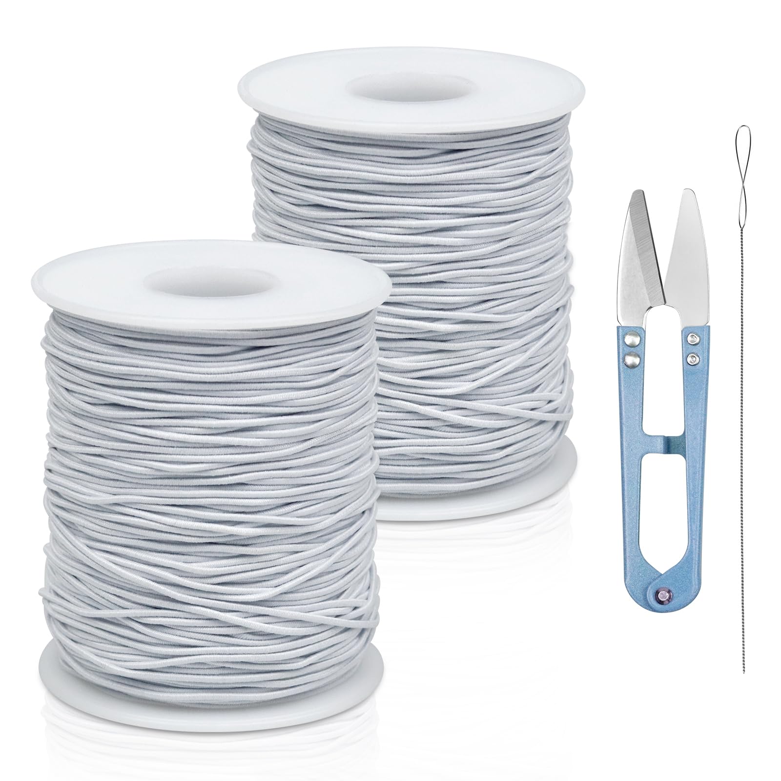 2 Rolls FIVEIZERO White Elastic Bracelet String Total 330 Feet,1mm,1.2mm,1.5mm Elastic Cord for Beading Stretchy String with Beading Needle for Bracelets, Sewing, Necklace, Jewelry Making and Crafts