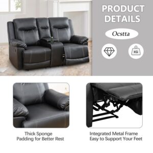 Ocstta Leather Recliner Sofa, Leather Living Room Furniture Set with Storage Console & Cup Holder for Living Room/Office (Recliner Couch for Loveseat) Black