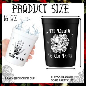 Sliner 12 Pcs Bride or Die Bachelorette Party Cups 16 oz Skull Till Death Do Us Party Cup Halloween Black White Plastic Bride Cup Reusable for Bridesmaid Bridal Shower Wedding Decoration Favors