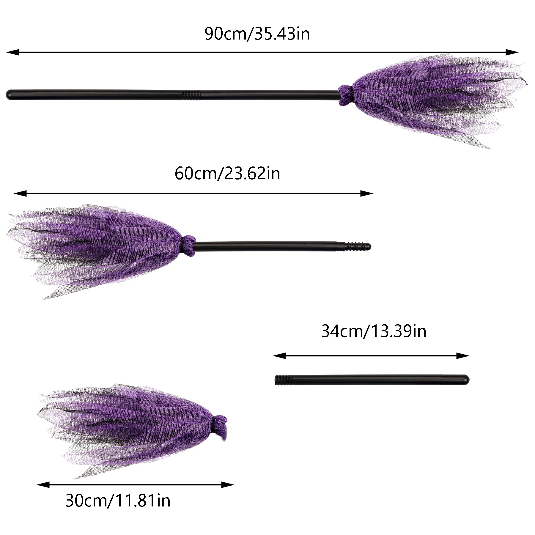 Jmkcoz 3 Pcs Halloween Witch Broom Plastic Witch Broomstick Kids Broom Cosplay Props for Halloween Costume Haunted House Decoration, Masquerade Show Dress Up Party Supplies (Green, Purple, Orange)