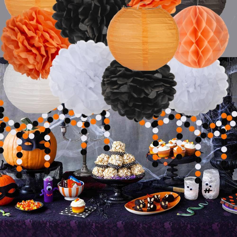 Black White Orange Halloween Party-Decorations, Tissue Pom Poms, Lanterns, Honeycomb Ball, Circle Dots Garlands, Graduation 2024 Birthday Wedding Baby Bridal Shower Decor Bunting Lasting Surprise