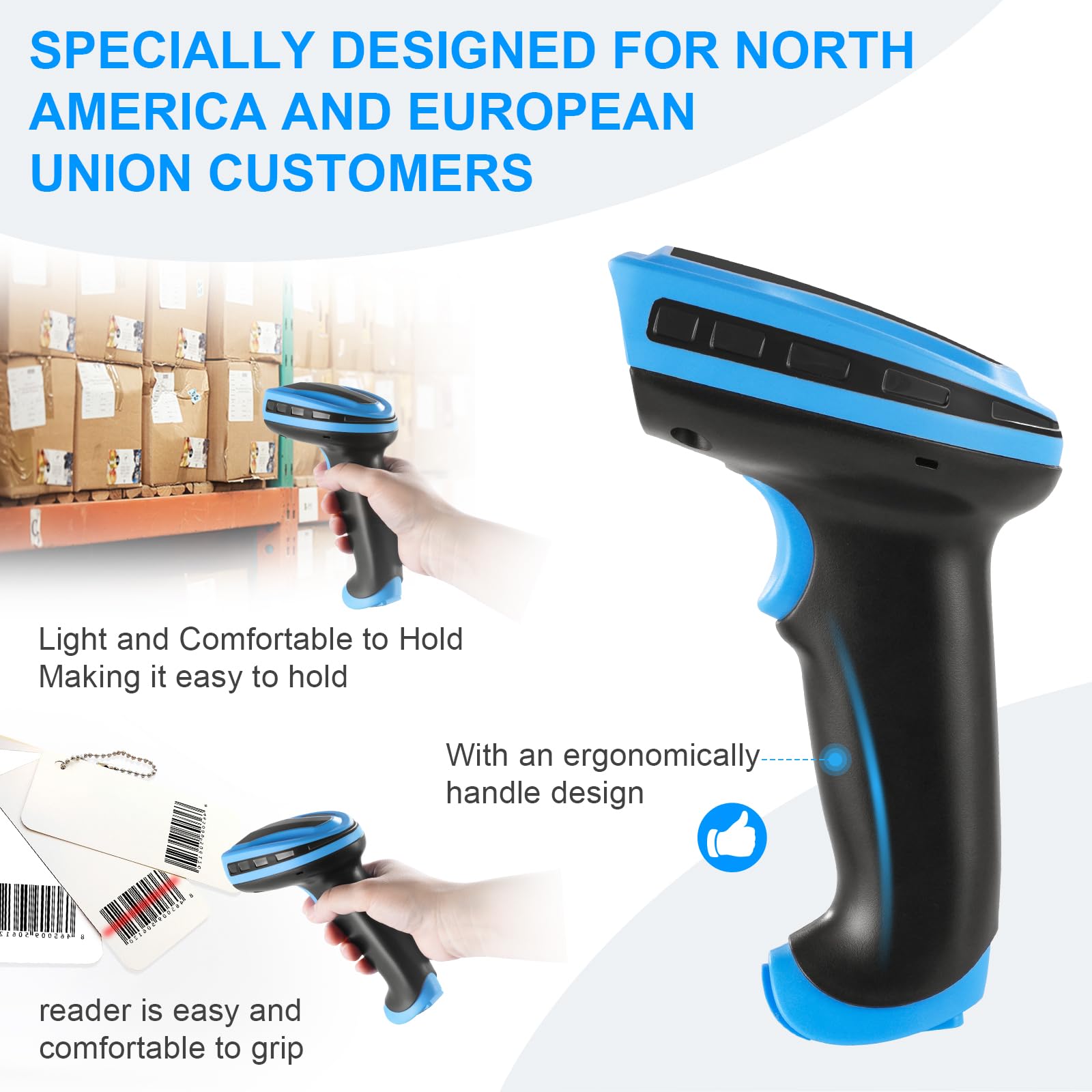 JRHC Barcode Scanner Wireless, Rechargeable 1D Laser Bar Code Scanners, Handheld Barcode Scanner Versatile 2 in 1 2.4Ghz Wireless and USB 2.0 Wired