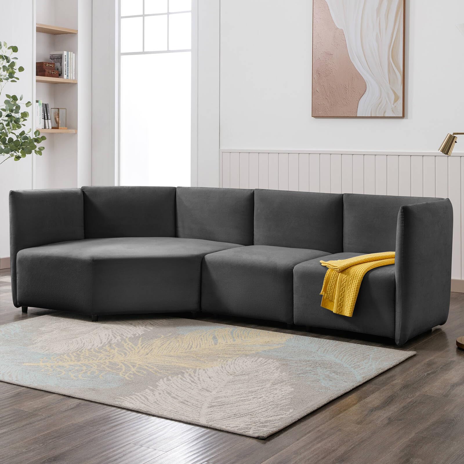 CECER Curved Sectional Sofa Couch Modern Modular Sofa with Adjustable Armrest and Backrest Upholstered Velvet 4 Seater Couches Modern Sofas Chair for Living Room Apartment Office - Dark Grey