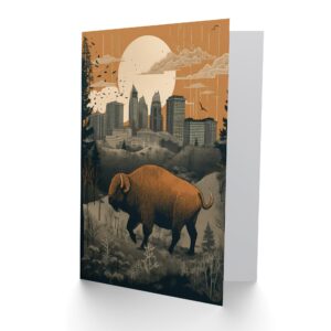 Artery8 Bison in Forest by Urban Cityscape Modern Linocut Travel Birthday Sealed Greeting Card Plus Envelope Blank inside