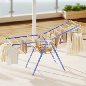 peimscen clothes drying rack,55 inches foldable aviation aluminum alloy drying rack,free-standing large laundry drying rack indoor outdoor with height-adjustable wings,windproof strips,blue