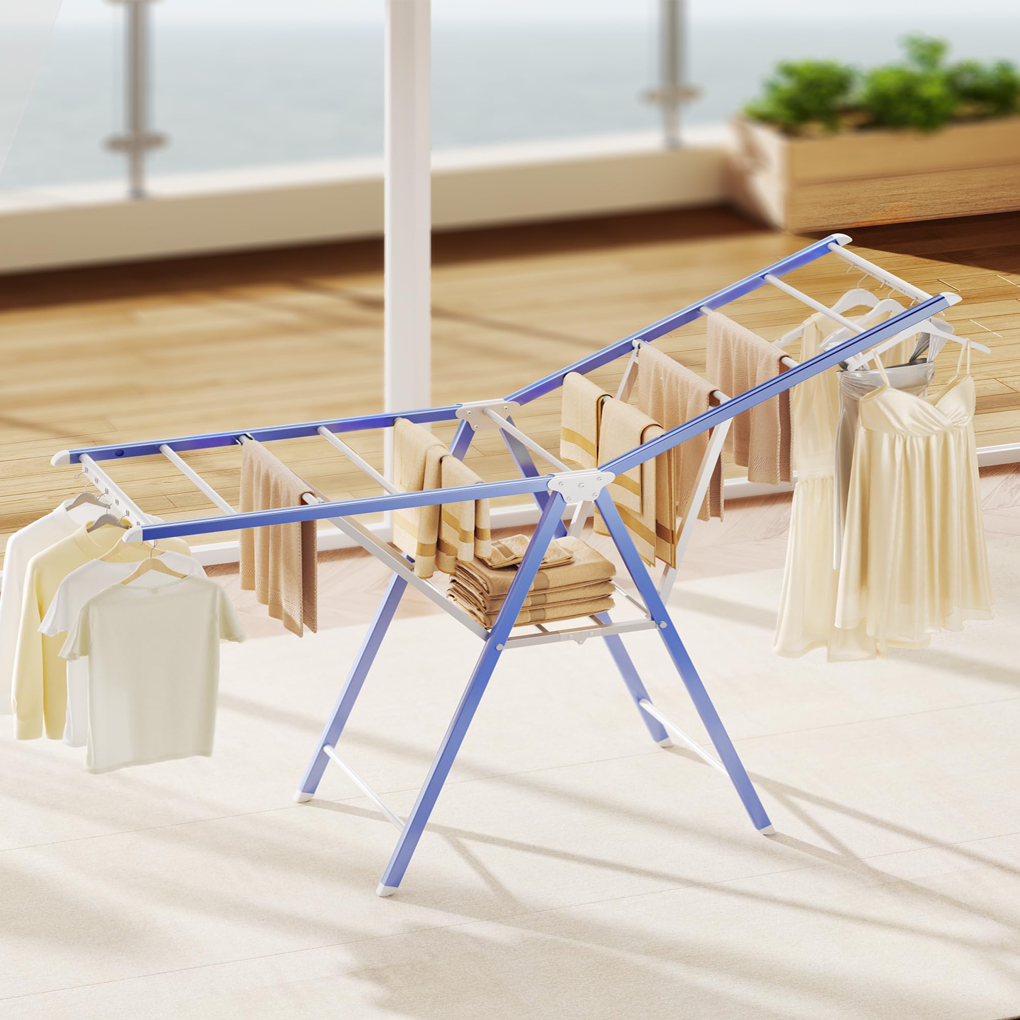 Peimscen Clothes Drying Rack,55 Inches Foldable Aviation Aluminum Alloy Drying Rack,Free-Standing Large Laundry Drying Rack Indoor Outdoor with Height-Adjustable Wings,Windproof Strips,Blue