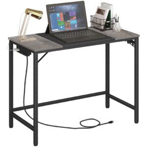 hoobro computer desk, home office desk with power outlet, modern study writing desk with 3 hooks for study room, home office, sturdy and stable, easy to assemble, charcoal gray and black bc40udn01