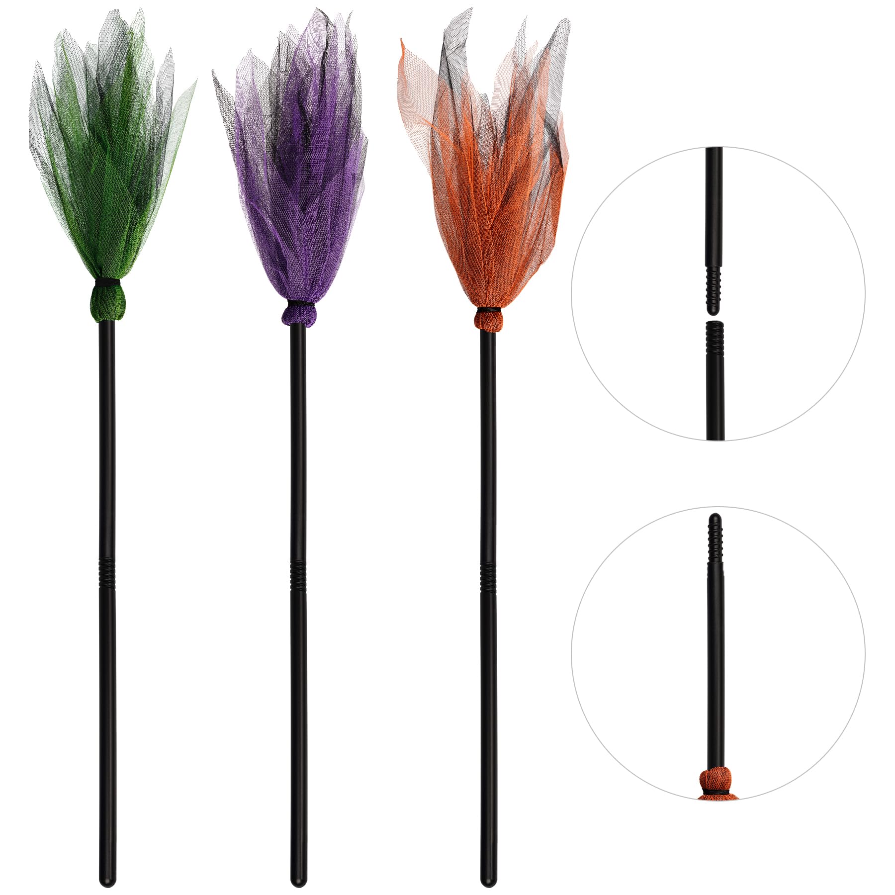 Jmkcoz 3 Pcs Halloween Witch Broom Plastic Witch Broomstick Kids Broom Cosplay Props for Halloween Costume Haunted House Decoration, Masquerade Show Dress Up Party Supplies (Green, Purple, Orange)