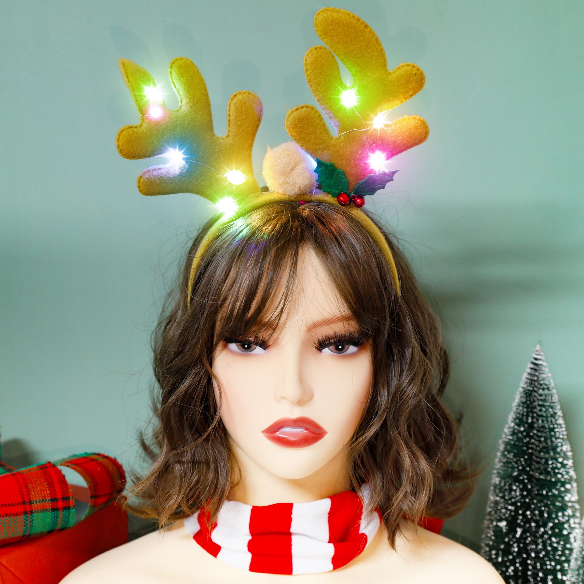 HOVACY Christmas 6 PCS LED Light Up Headband, Reindeer Antler Santa Hat Christmas Tree Leprechaun Hat Bow Hair Hoop for Xmas Holiday Party Favors Adults Kids