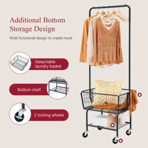 Tajsoon Laundry Cart with Hanging Rack, Metal Laundry Basket with Wheels, Laundry Hamper with Storage Basket and Shelf, Rolling Laundry Cart with Wheels, Black