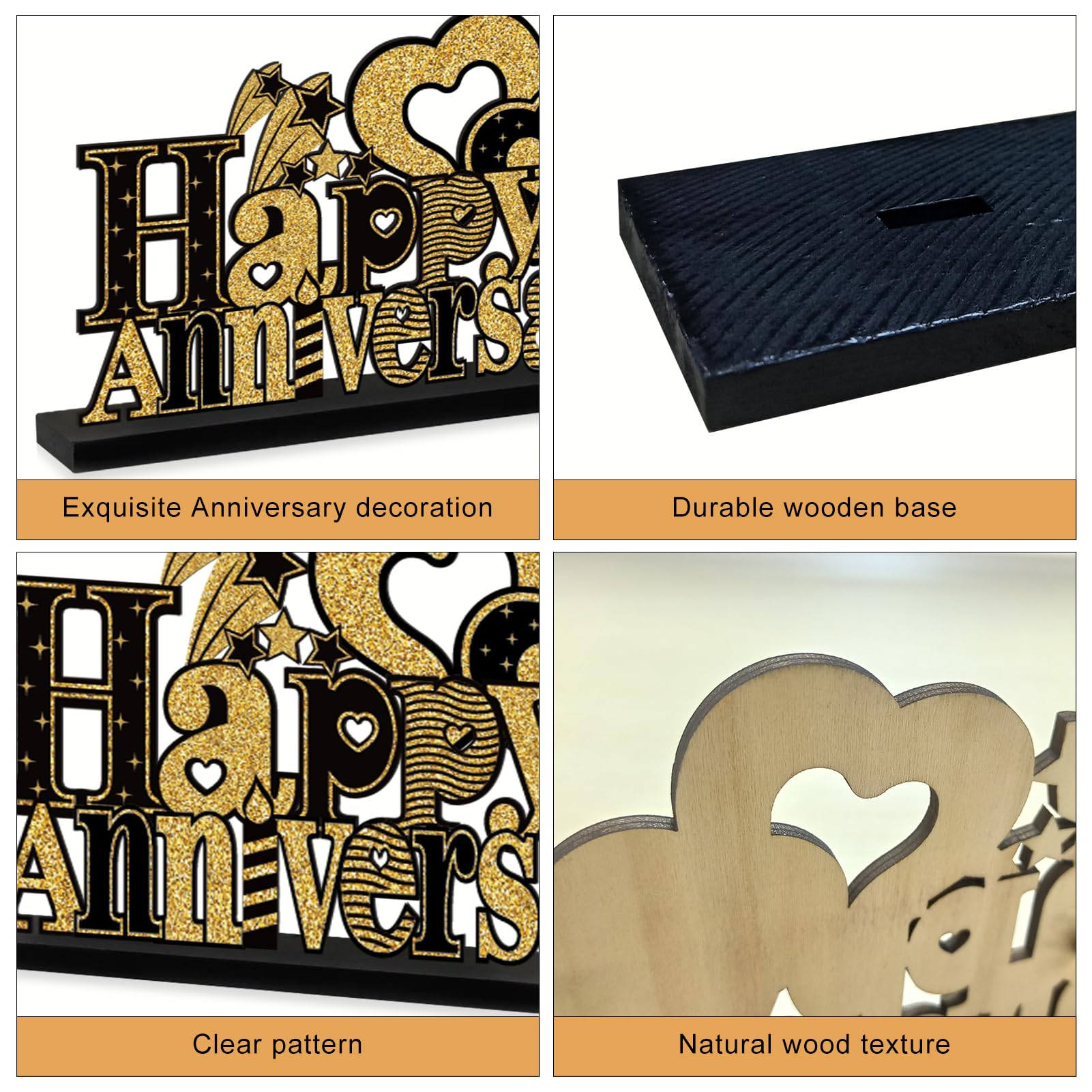 4 Pieces Anniversary Decorations Wooden Table Centerpieces, Black Gold Happy Wedding Anniversary Table Sign Party Supplies, 10th 20th 30th 40th 50th 60th Anniversary Table Decor for Indoor Outdoor