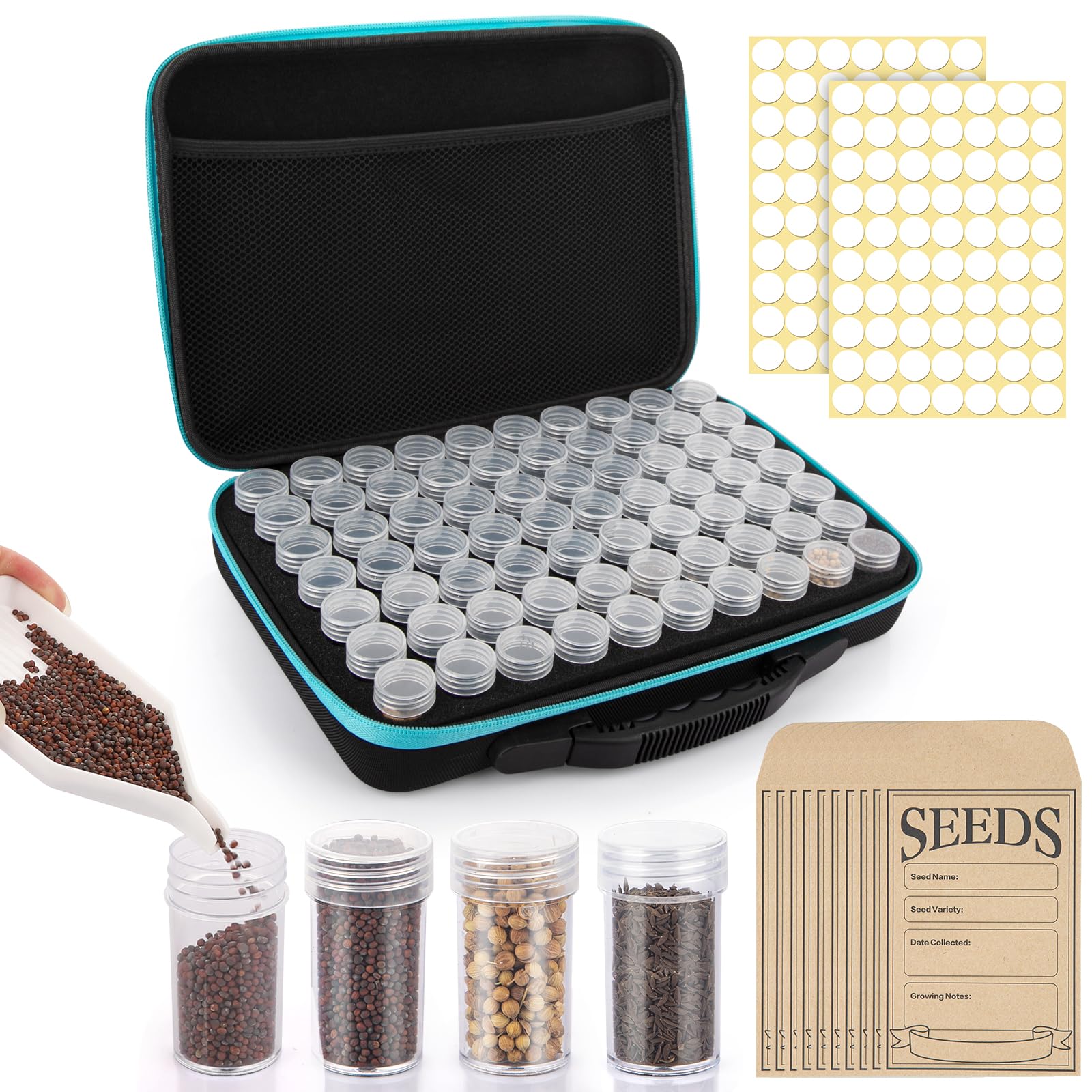 70 Slots Seed Organizer Storage Box with 10PCS Seed Envelopes, Premium Seed Containers for Various Sizes Vegetable and Flower Garden Seeds, Gardening Seed Keeper Set with Useful Accessories (Blue)