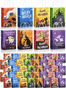 qilery 48 pieces halloween treat bags with handles kraft paper halloween candy bags for kid goodie snack trick or treating party bulk supplies, 8 patterns