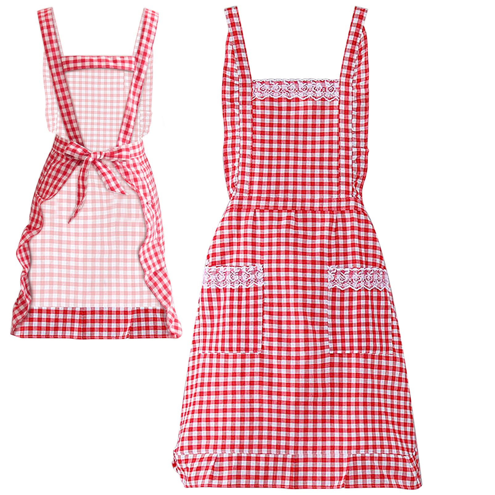 JJYHEHOT Women Classic Vintage Apron, Red and White Gingham Cotton Apron, Home Kitchen Chef Bib